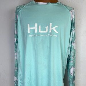 Huk Shirt Mens XL Aqua Camouflage Performance Fabrics Fishing Mossy Oak Fracture